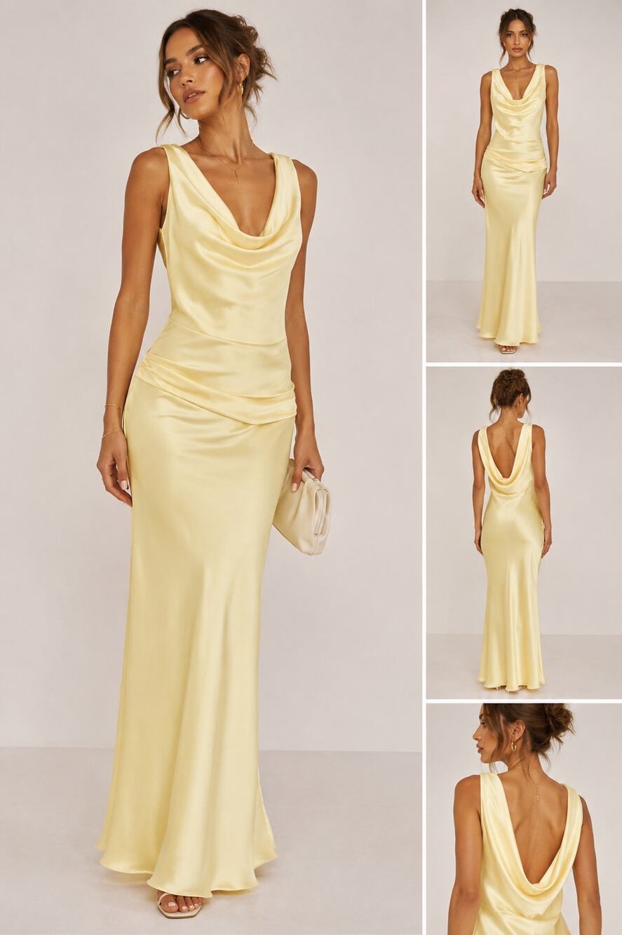 ASOS Pale Yellow Satin Cowl Neck Maxi Dress